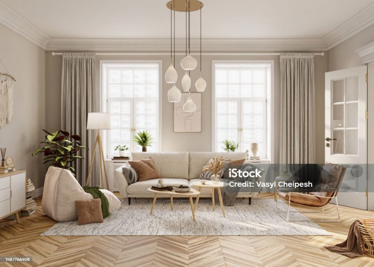 Bright living room interior design with windows and beige walls is furnished with modern sofa, armchares, floor lamp, coffee table and other decorative elements