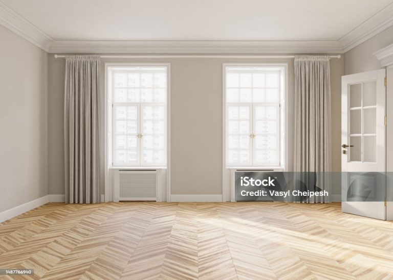 Bright living room interior design with windows and beige walls is furnished with modern sofa, armchares, floor lamp, coffee table and other decorative elements