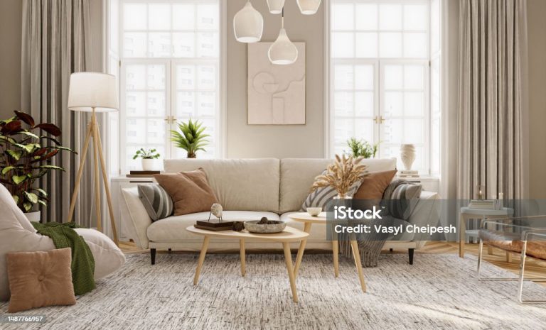 Bright living room interior design with windows and beige walls is furnished with modern sofa, armchares, floor lamp, coffee table and other decorative elements